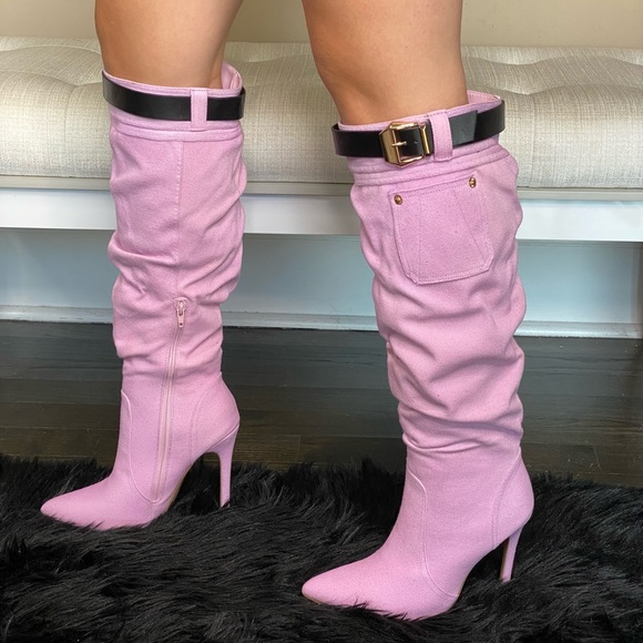 Heeled Buckled Pink Denim Boots - Picture 4 of 14